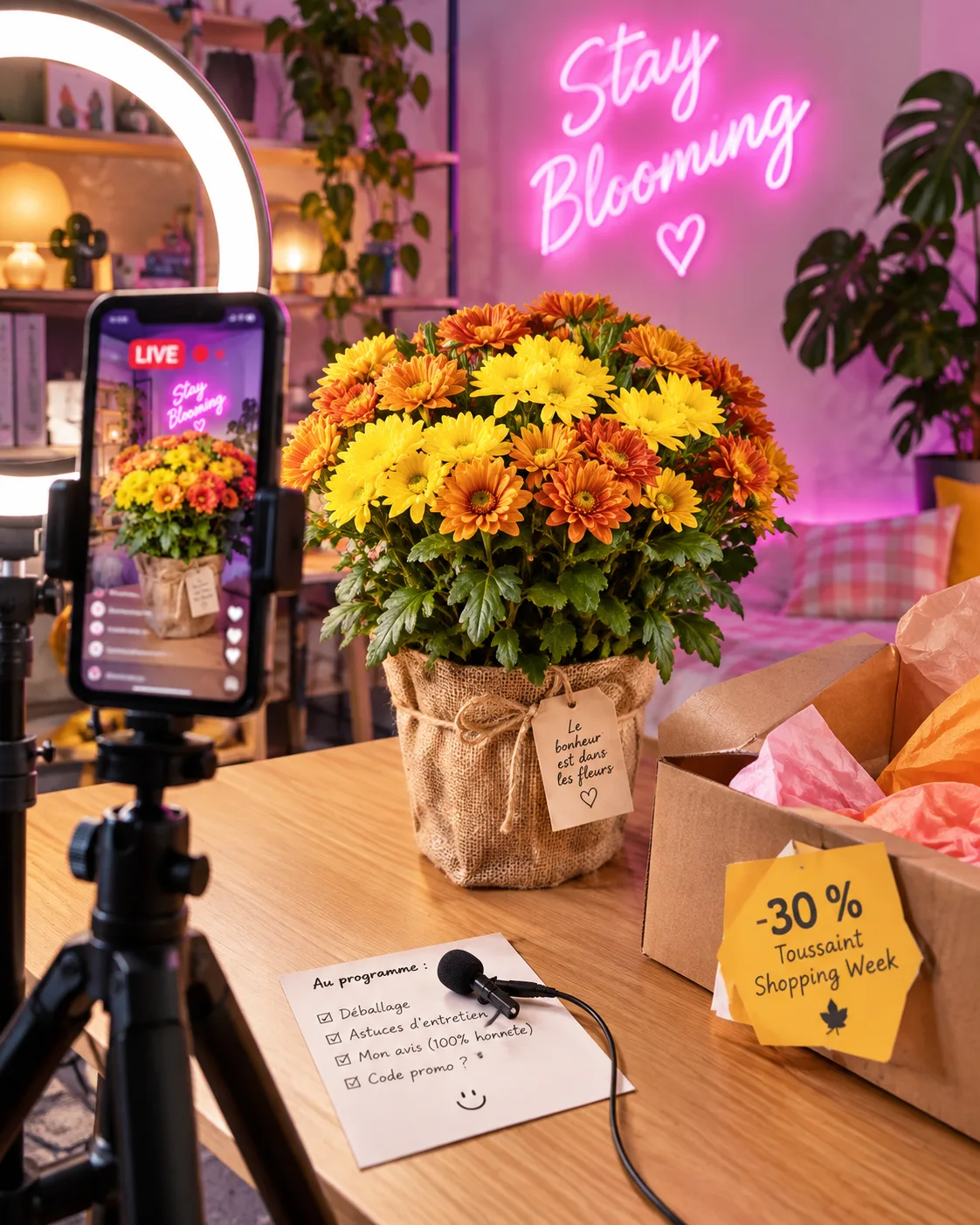 Chrysanthèmes devant un micro d'influenceur